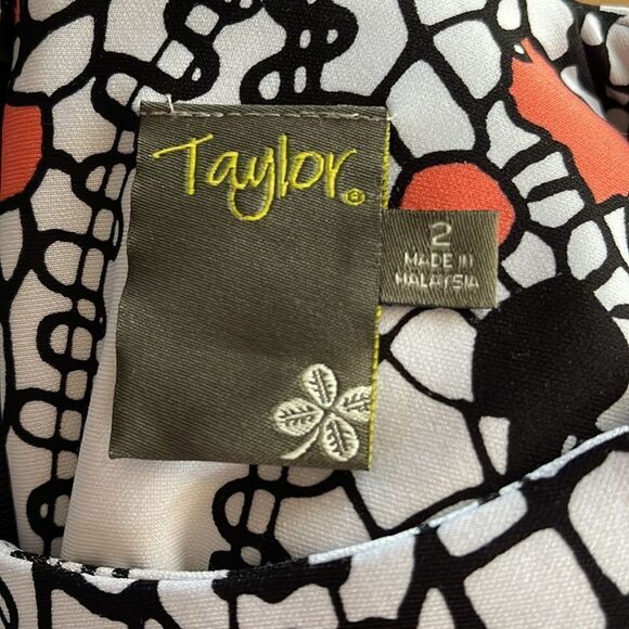 Taylor black/white/coral print silky stretch knit sleeveless midi. Size 2 - Picture 6 of 6
